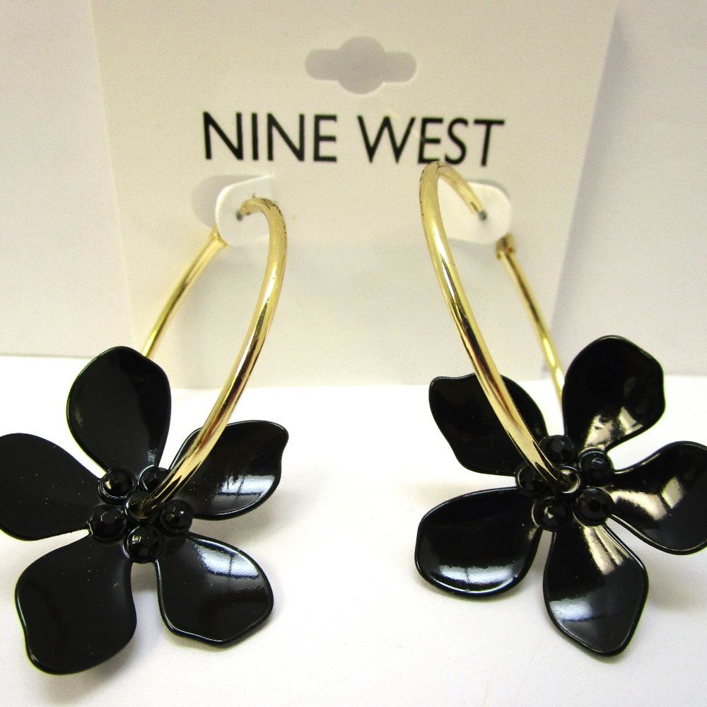 Nine West Large Gold Tone Hoops With Black Flowers Dangle Pierced NWT BOHO